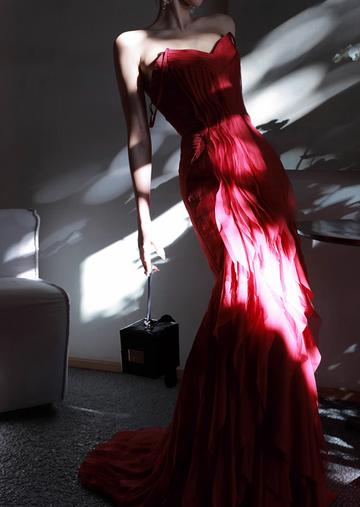 Stunning Burgundy Mermaid Spaghetti Strap Layered Chiffon Prom Dress Party Dress Date Dresses HZ1023